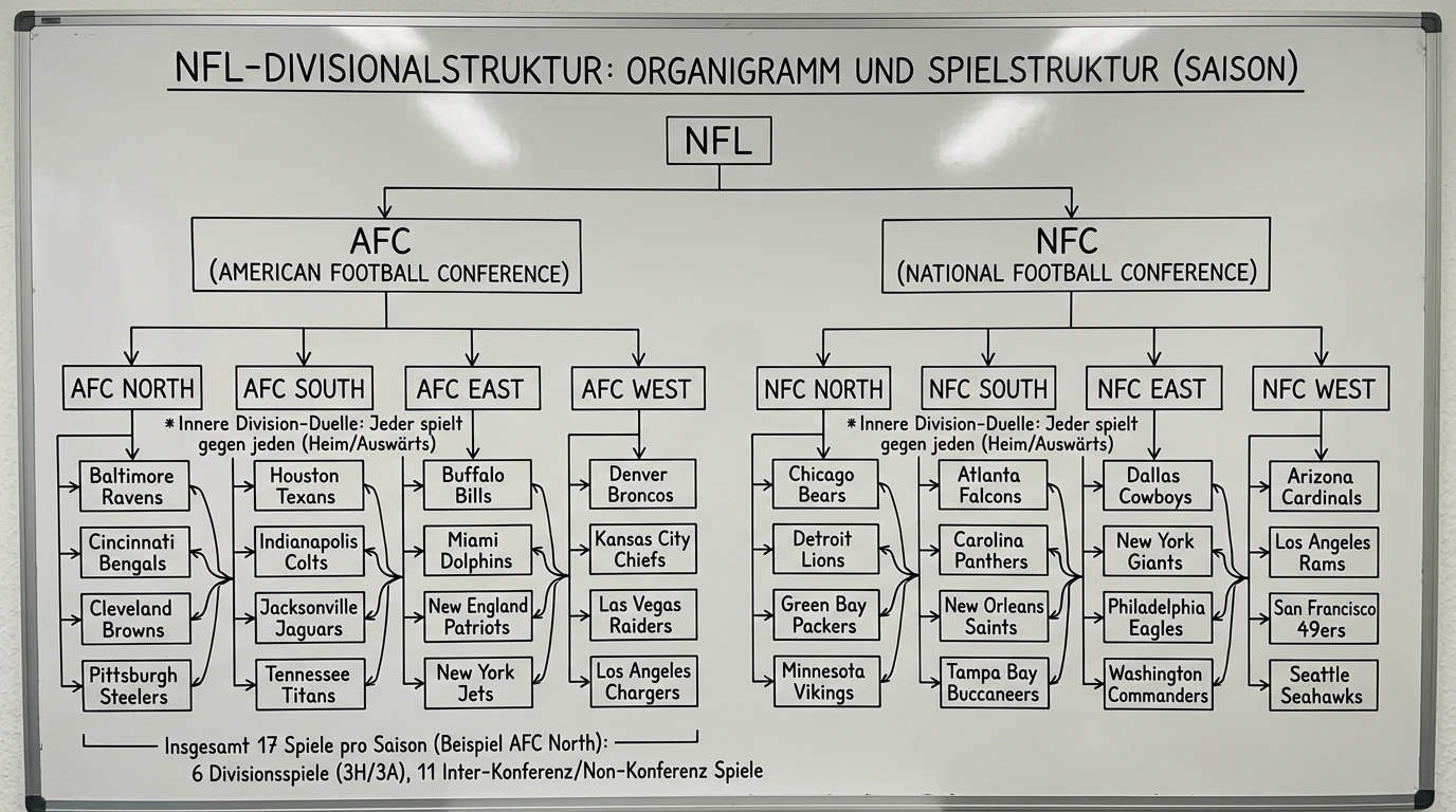 NFL Divisionsstruktur AFC und NFC mit acht Divisions und 32 Franchises für Wettanalyse