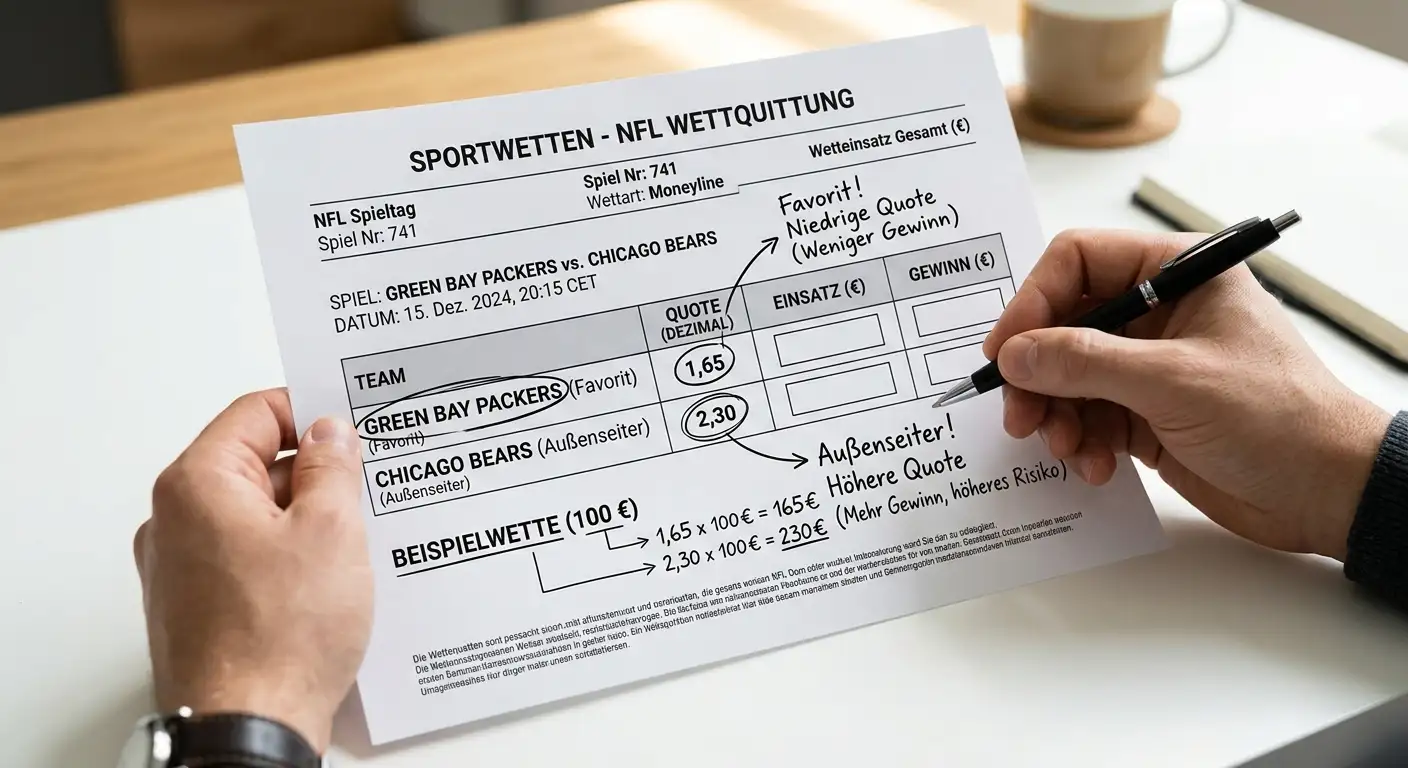 NFL Moneyline Wettschein Anfänger – wie du eine Siegwette bei Sporttip ausfüllst und Dezimalquoten liest
