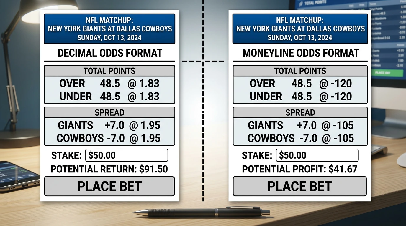 NFL Quoten Format Vergleich Praxis – Dezimal und Moneyline nebeneinander für Schweizer Tipper
